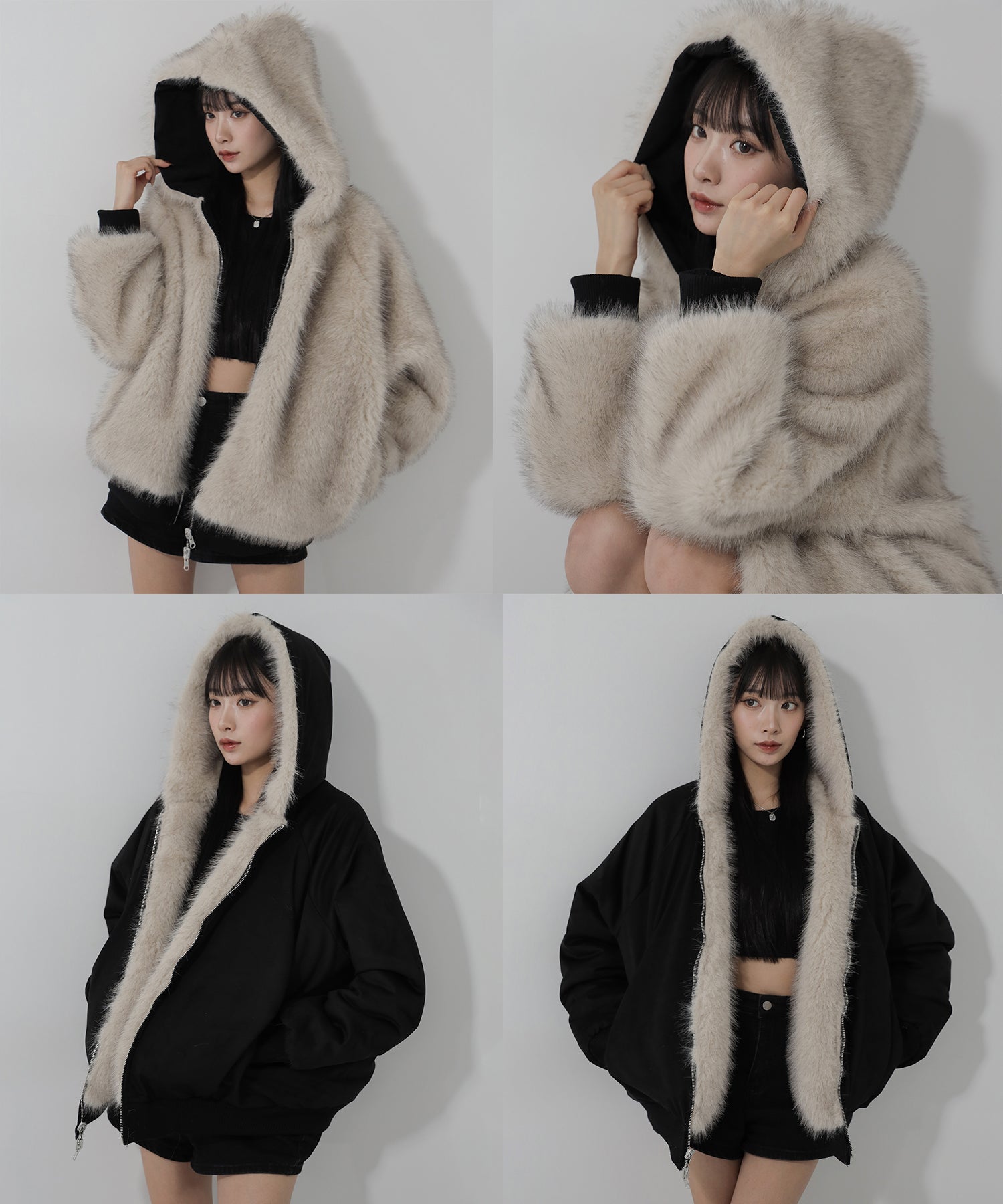 【 リバーシブル２WAY】ビッグフーディボリュームフェイクファーブルゾン ／ Reversible big hoodie volume fake fur blouson