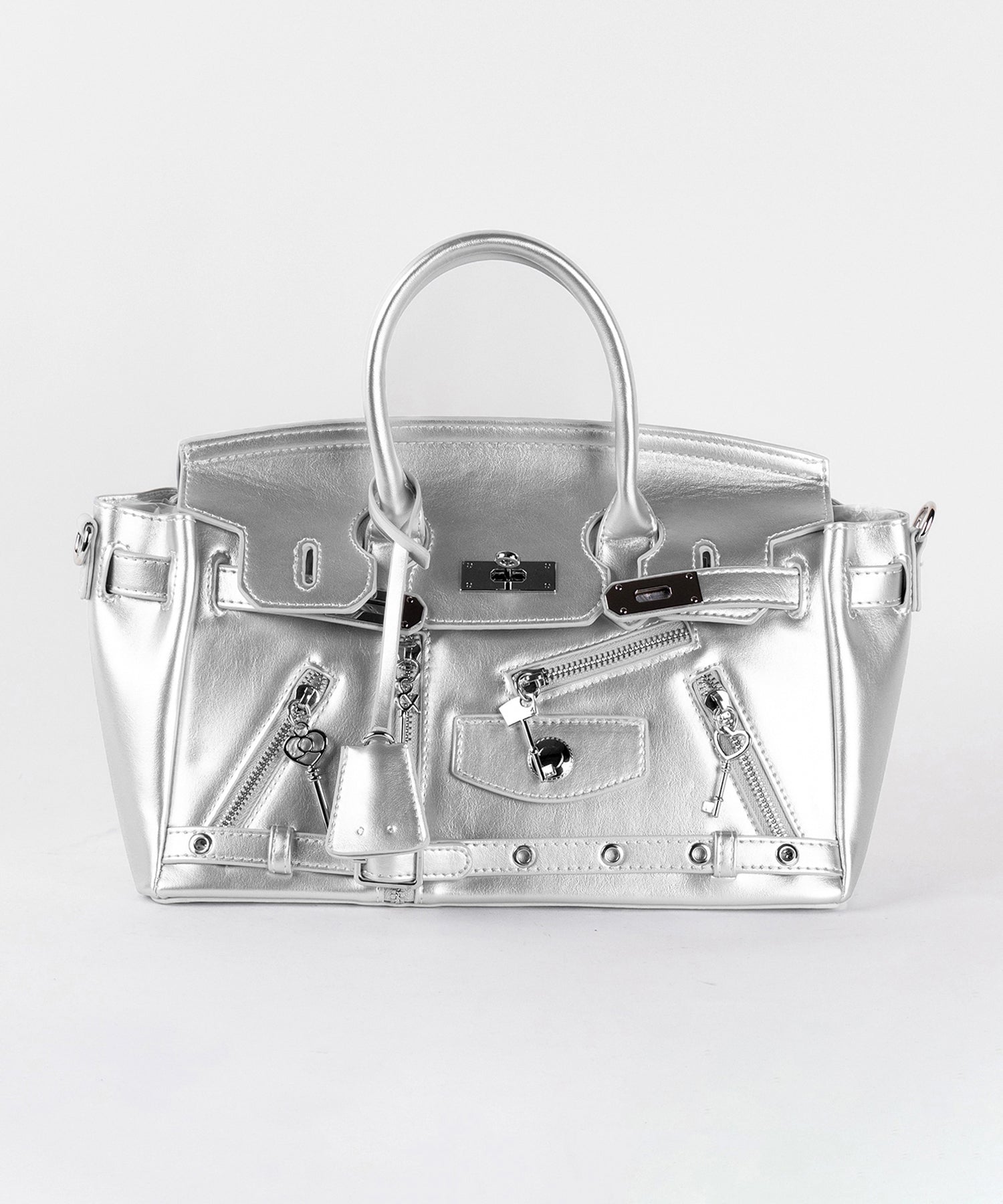 【 ショルダーストラップ付き２WAY 】ベルテッドキーチャームフラップスクエアハンドバッグ ／ ( 2WAY ) belted key charm flap square handbag