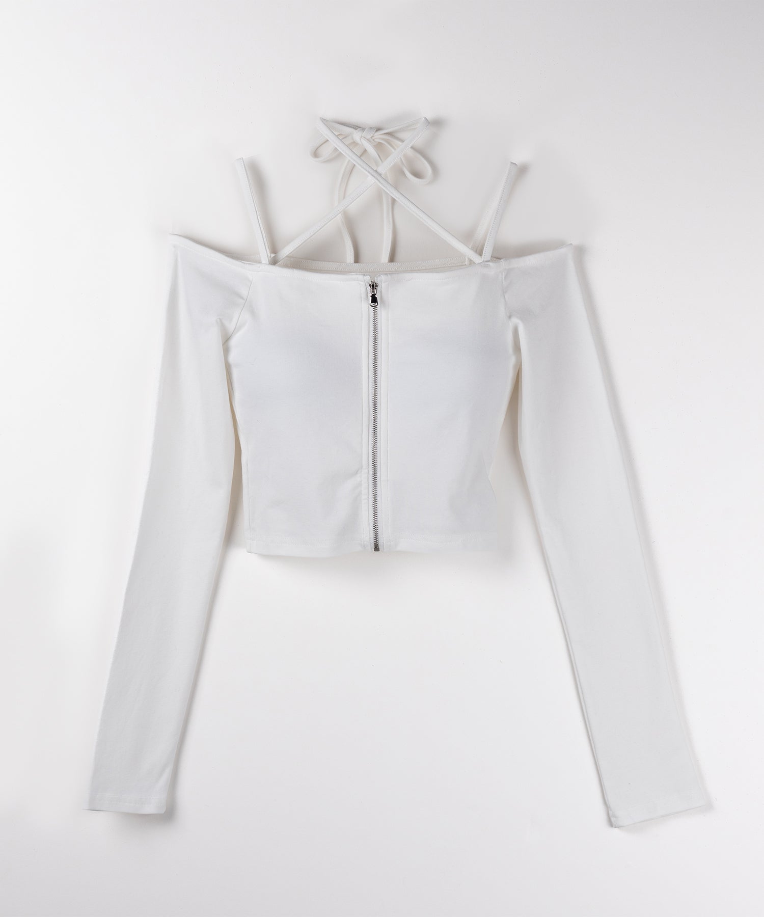 【 ３color ／ カップ付 】フロントジップクロスストラップオフショルトップス ／ front zip cross straps off-shoulder tops