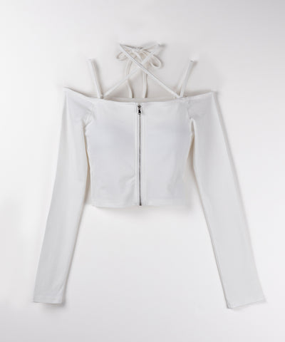 【 ３color ／ カップ付 】フロントジップクロスストラップオフショルトップス ／ front zip cross straps off-shoulder tops