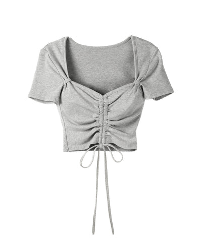 【クロスネックにできる2WAY 】フロントシャーリングリボン半袖ショートＴシャツ ／2WAY front shirring ribbon short sleeve short T-shirt