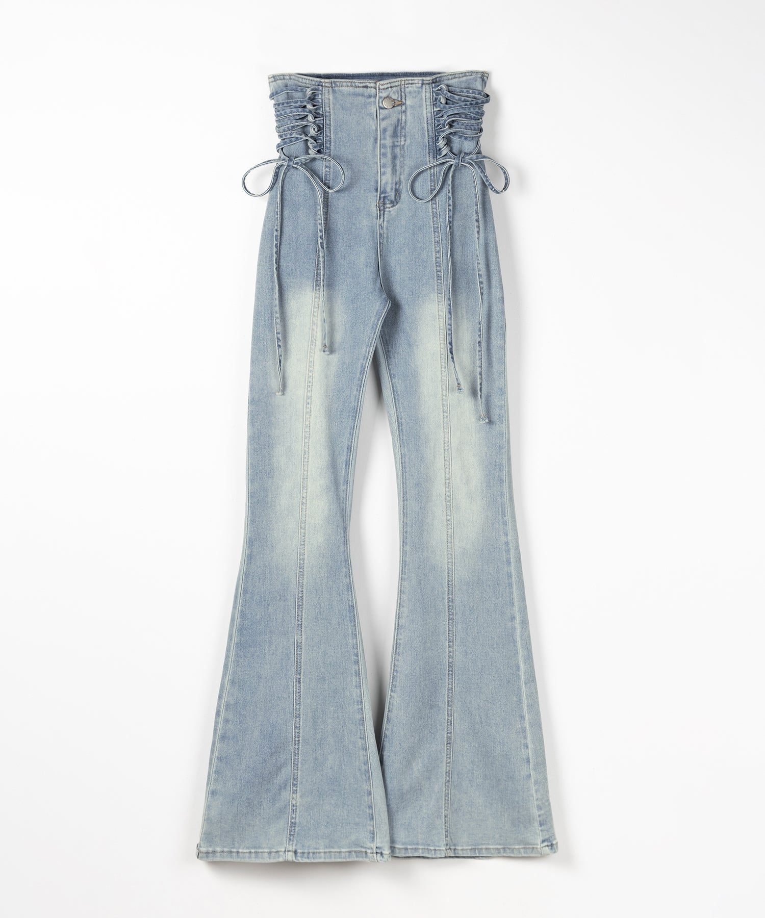 サイドレースアップリボン美脚ストレッチフレアデニム ／ side laceup ribbon slim leg stretch flare denim