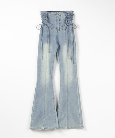 サイドレースアップリボン美脚ストレッチフレアデニム ／ side laceup ribbon slim leg stretch flare denim