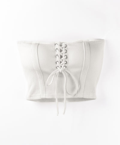 【カップ付き 】レースアップコルセットリボンショートリブベアトップ ／ laceup corset ribbon short ribbed bare top