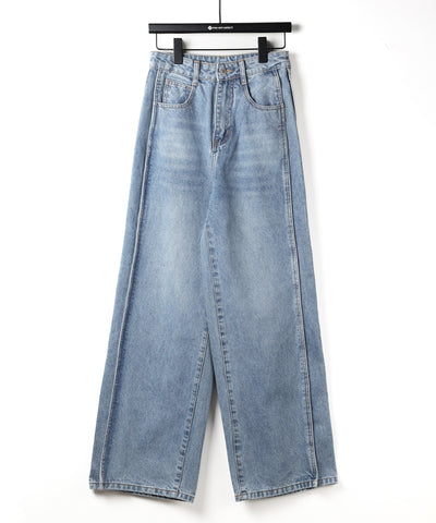 【 ３color ／ ４size 】サイドタック切替ハイウエストストレートデニム ／side tack kirikae highwaist straight denim