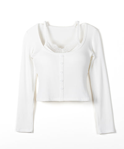 レースキャミスクエアネック長袖リブＴシャツ ／ Lace camisole square neck long-sleeve ribbed T-shirt