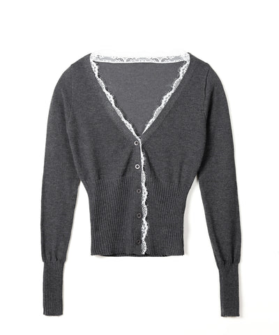 レースドッキングウエストリブ長袖ニットカーディガン ／ lace docking waist lib longsleeve knit cardigan