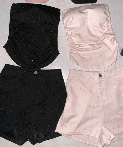 【 セットアップ 】ラインストーンベアトップ＋ハイウエストショートパンツ SET ／ 【 SETUP 】Rhinestone bare tops ＋ high waist short pants SET