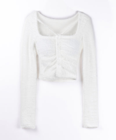 クロスストラップスクエアショートシャギーカーディガン ／ cross strap square short shaggy cardigan