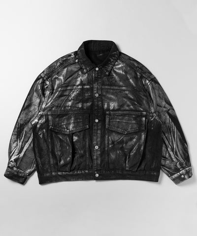 【 ２color 】メタリックハクプリントビッグシルエットボーイフレンドウォッシュデニムジャケット