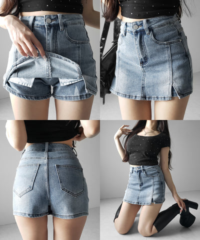 ミニスリットストレッチレイヤードデニムミニスカパン ／ mini slit stretch layered denim mini skirt pants