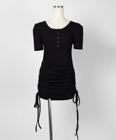 【 ２color 】シャーリングリボンヘンリーネックミニワンピース ／ shirring ribbon henley neck mini onepiece