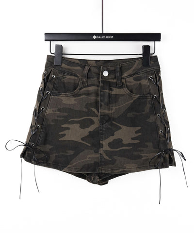 ヴィンテージカモフラレースアップデニムミニスカパン ／ vintage camouflage lace up denim mini skirt pants