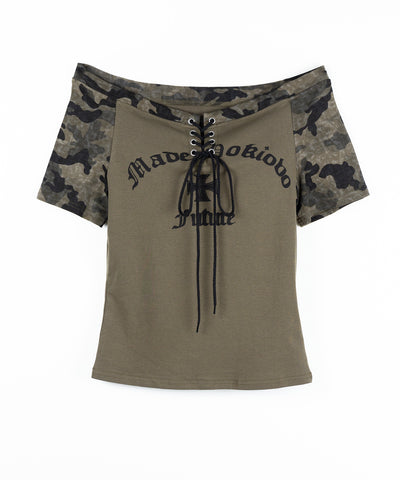 半袖ヴィンテージカモフラロゴオフショルTシャツ ／ short sleeve vintage camouflage logo off-shoulderT-shirt