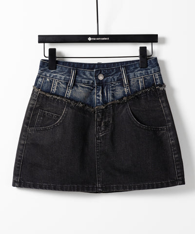 【 ３size ／ ２color 】ダメージドッキングヴィンテージデニムミニスカート ／damage docking vintage denim mini skirt