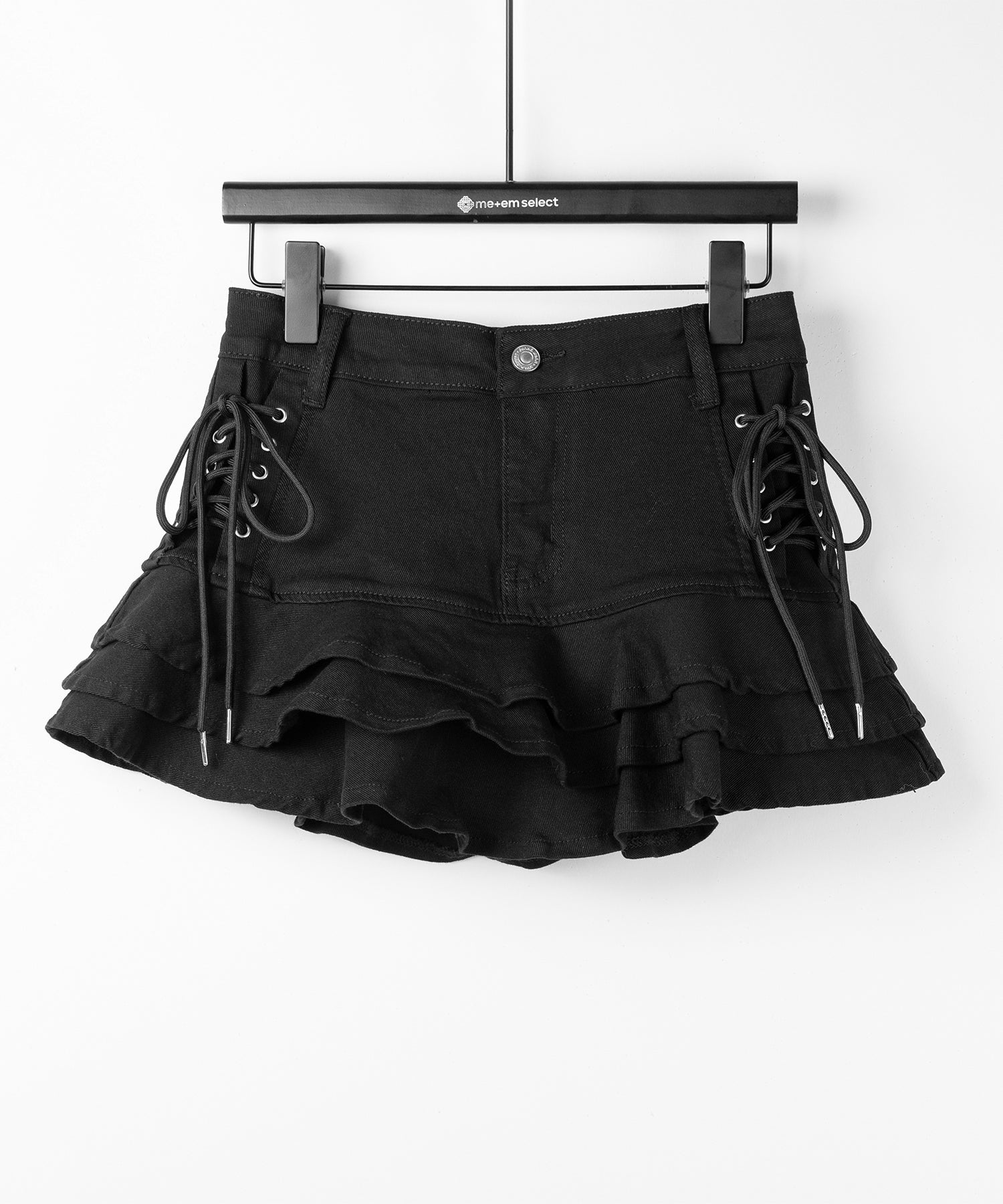 【 インパン裏地付 】レースアップブラックフリルミニスカート ／ laceup black frill mini skirt
