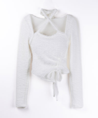 【 ３color 】クロスネックシャーリングリボンシャギートップス ／ cross neck shirring ribbon shaggy tops