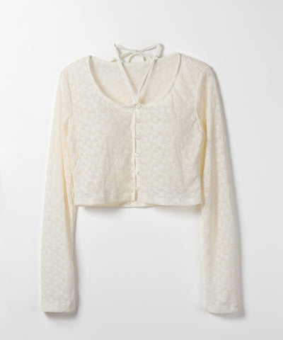 【 ２WAY 】クロスストラップリボンショートレースカーディガン ／ cross strap ribbon short lace cardigan