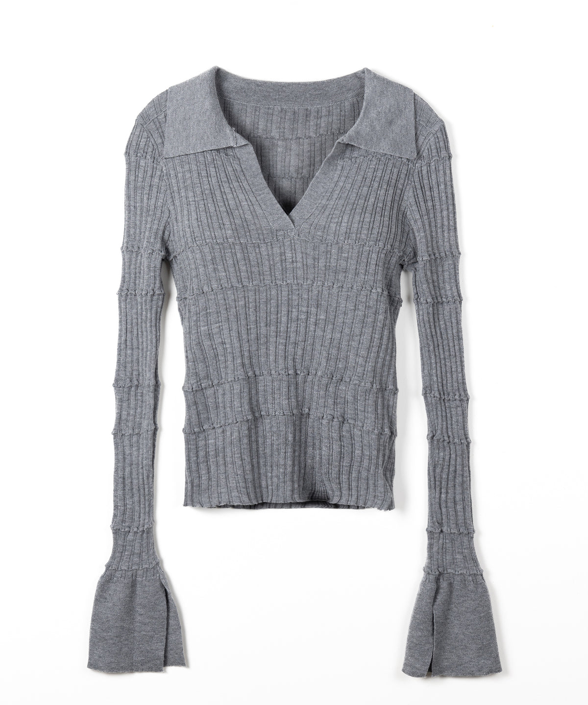 スキッパーネックスリムリブニットトップス ／ skipper neck slim rib knit tops