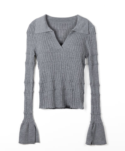 スキッパーネックスリムリブニットトップス ／ skipper neck slim rib knit tops