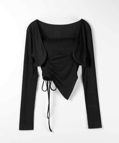 【 ２点セット 】シャーリングリボンベアトップス ＆ ショートカーディガン SET ／ shirring ribbon bare tops & short cardigan SET