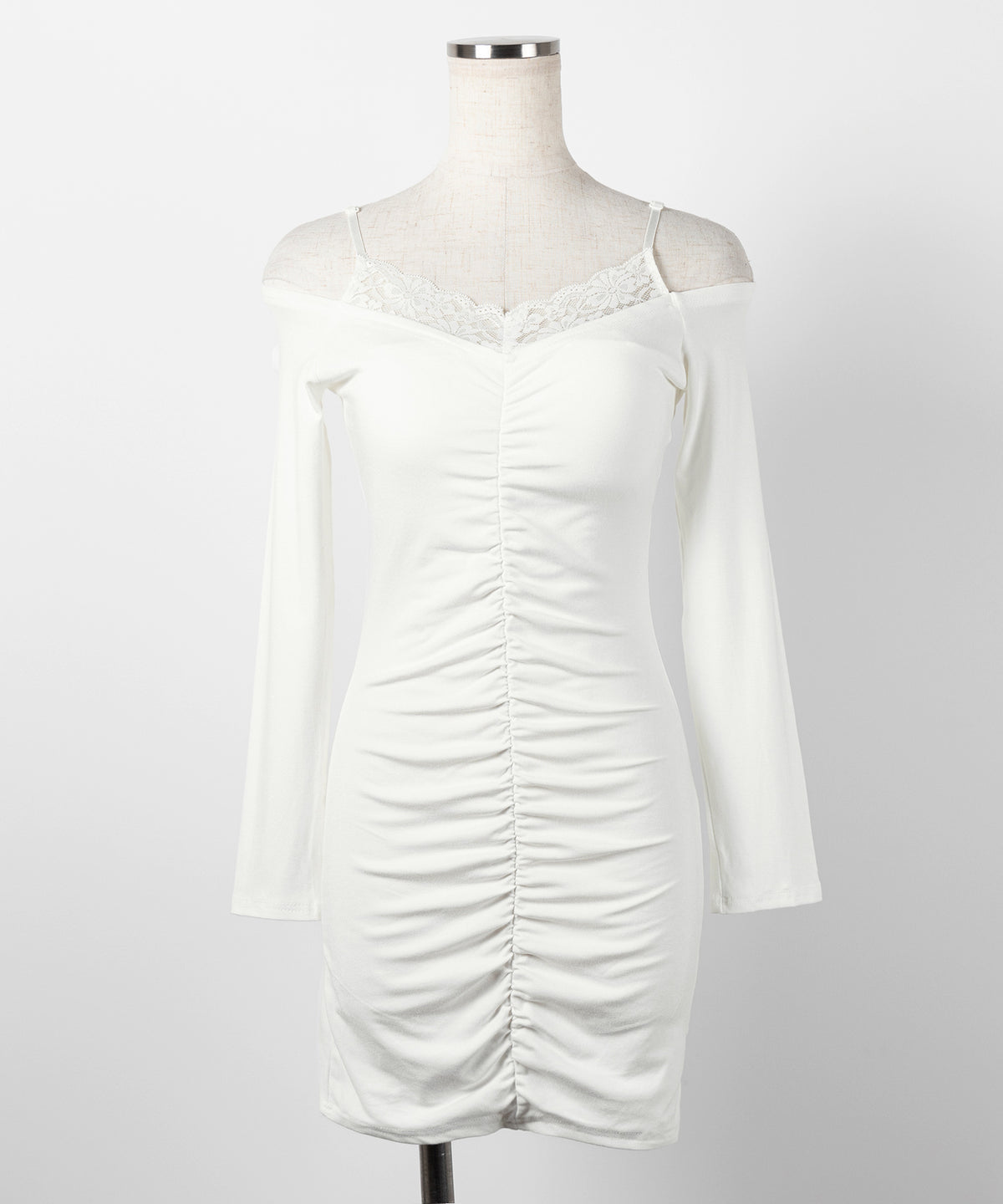 レースオフショルダーシャーリングタイトミニワンピース ／ Lace off-shoulder shirring tight mini onepiece