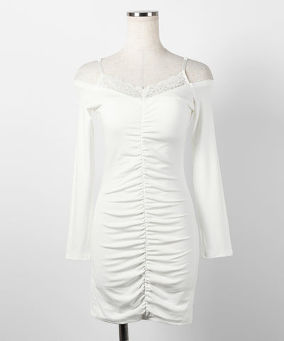 レースオフショルダーシャーリングタイトミニワンピース ／ Lace off-shoulder shirring tight mini onepiece