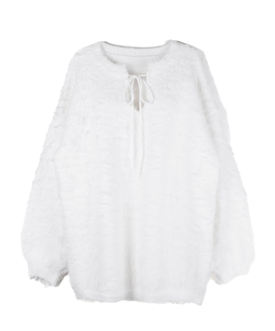 ストラップリボンオフショルオーバーシャギーニット ／ strap ribbon off shoulder over shaggy knit