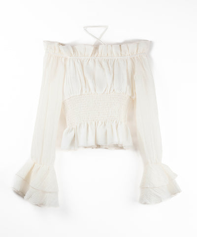 【 ２color ／ ２WAY 】ウエストシャーリングシアーフリルオフショルブラウス ／ waist shirring sheer frill off shoulder blouse