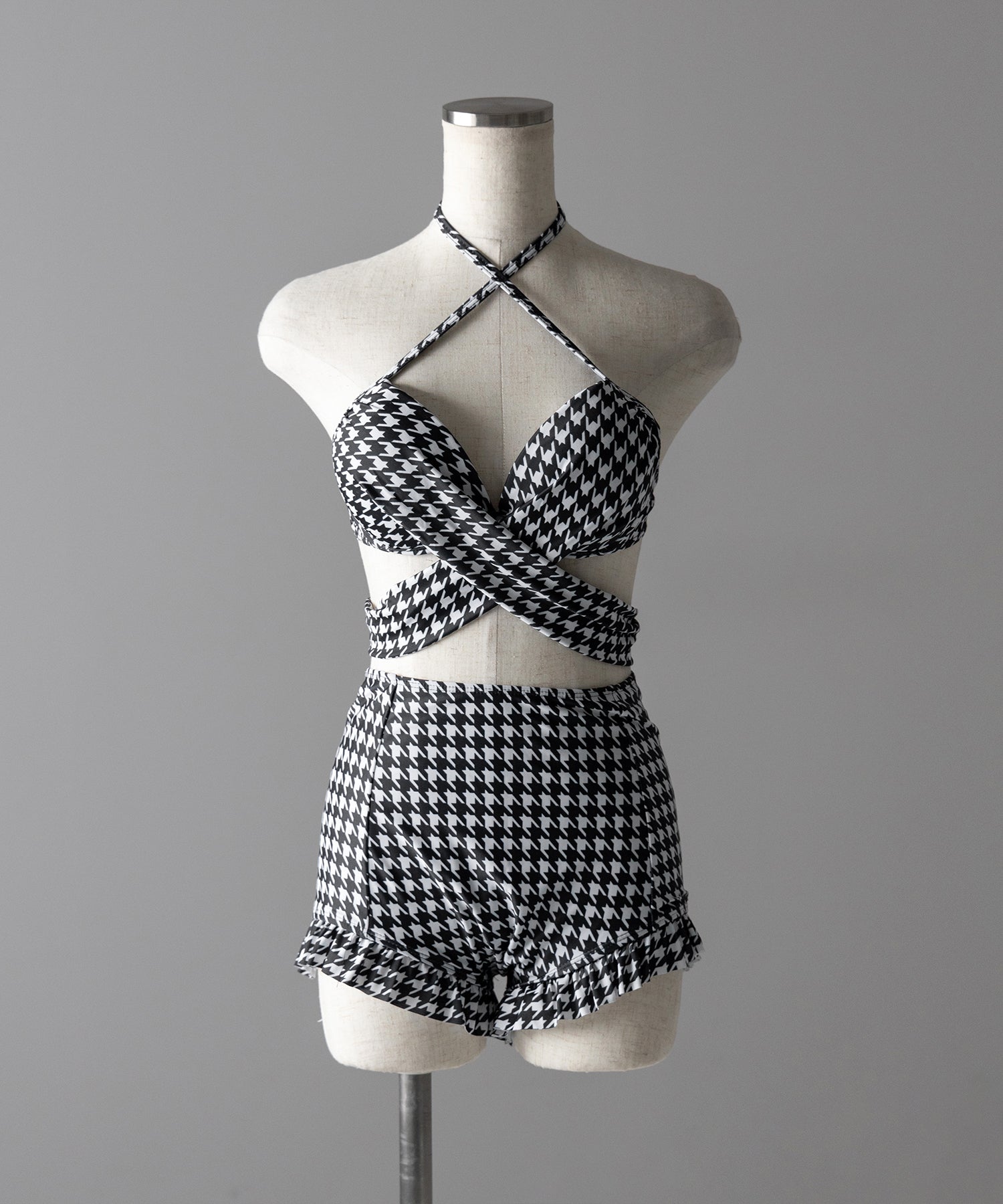 【 レディース水着／２点セット 】千鳥格子柄クロスウエストリボンハイウエストビキニ ／ houndstooth pattern cross waist ribbon high waist bikini