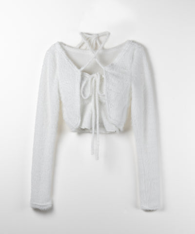 【 ２点セット 】シャギーリボンベアトップス ＆ ショートシャギーカーディガン SET ／ Shaggy ribbon bare tops & short shaggy cardigan