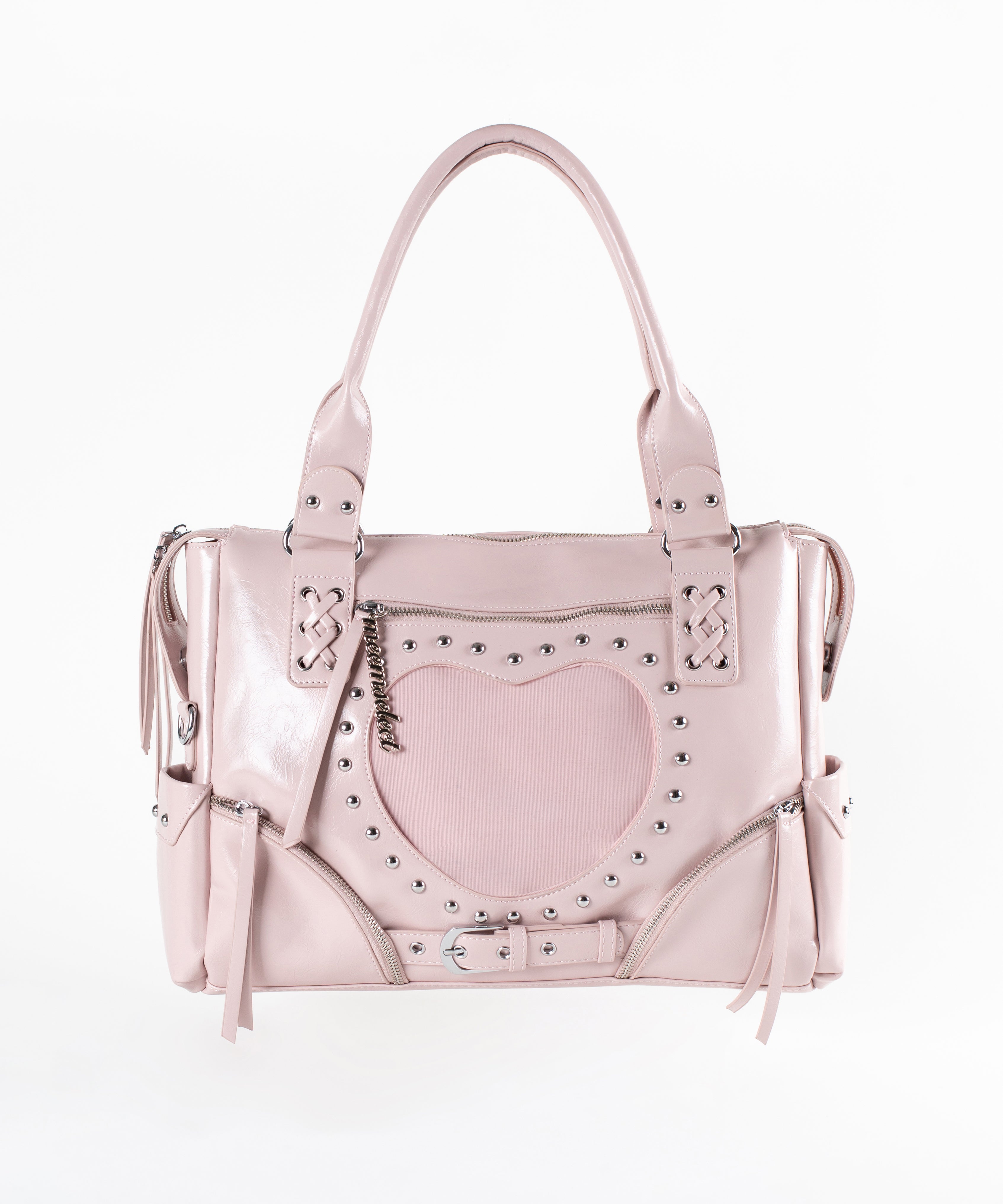 【 限定先行販売 】ハートクリアポケットスタッズフェイクレザートートバッグ ／ heart clear pocket studs fake leather tote bag