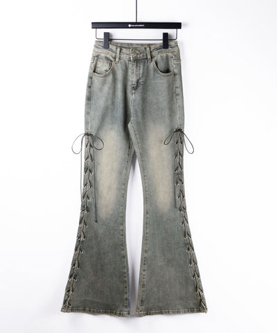 レースアップカットアウトストレッチフレアデニム ／ lace up cutout stretch flare denim