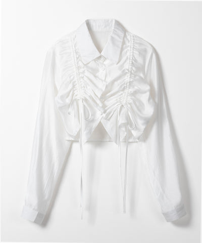 【 ３color 】ダブルリボンシャーリングショートシアーシャツ ／ double shirring ribbon short sheer shirts