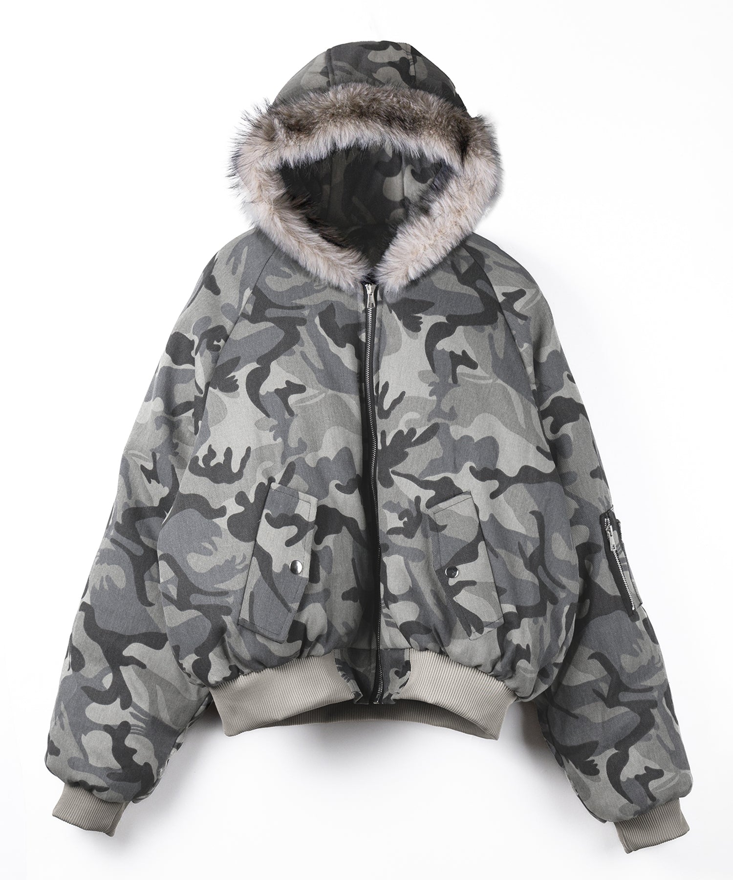 カモフラフェイクファーフーディ中綿ジャケット ／ camouflage fake fur hoodie down jacket