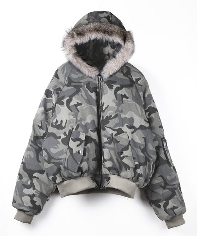 カモフラフェイクファーフーディ中綿ジャケット ／ camouflage fake fur hoodie down jacket