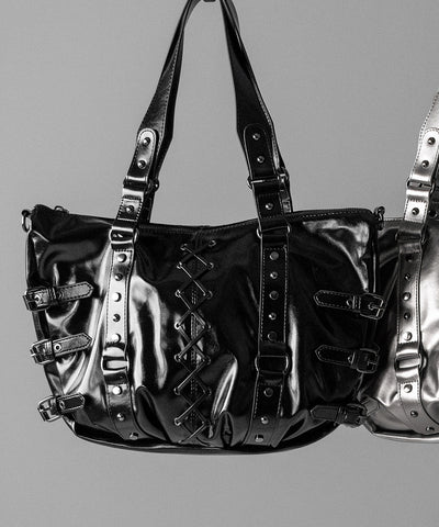 【 ショルダーストラップ付き２WAY 】レースアップベルテッドスタッズデザインヴィンテージショルダーバッグ ／ ( 2WAY ) laceup belted studs design vintage shoulder bag