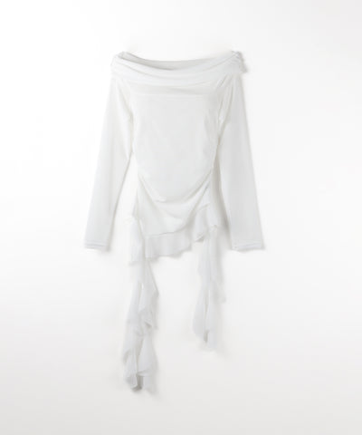 【 ２color 】アシンメトリーフリルオフショルシアートップス ／ asymmetrical frill off-shoulder sheer tops