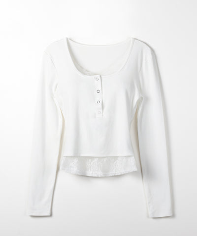 【 人気アイテムの長袖verが新登場！ 】レースレイヤードヘンリーネックスクエア長袖Ｔシャツ ／ lace layered henley neck square long sleeve T-shirt
