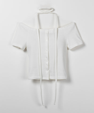 【 ２WAY 】ストラップリボンオフショルダーリブトップス ／ strap ribbon off shoulder rib tops