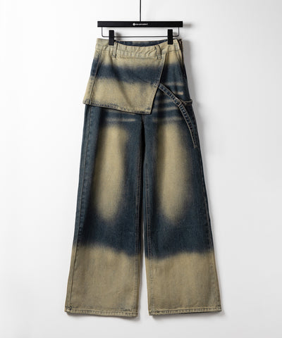 【 ２color ／４size 】ラップレイヤードバイカラーブリーチワイドデニム ／ wrap layered bicolor bleach wide denim