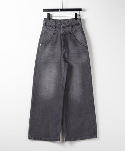 【２color ／４size 】カットアウトダブルハイウエストワイドデニム ／　cutout double high waist wide denim