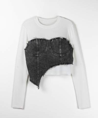 【 ２color 】ダメージデニムビスチェドッキングＴシャツ ／ damage denim bustier docking Tee