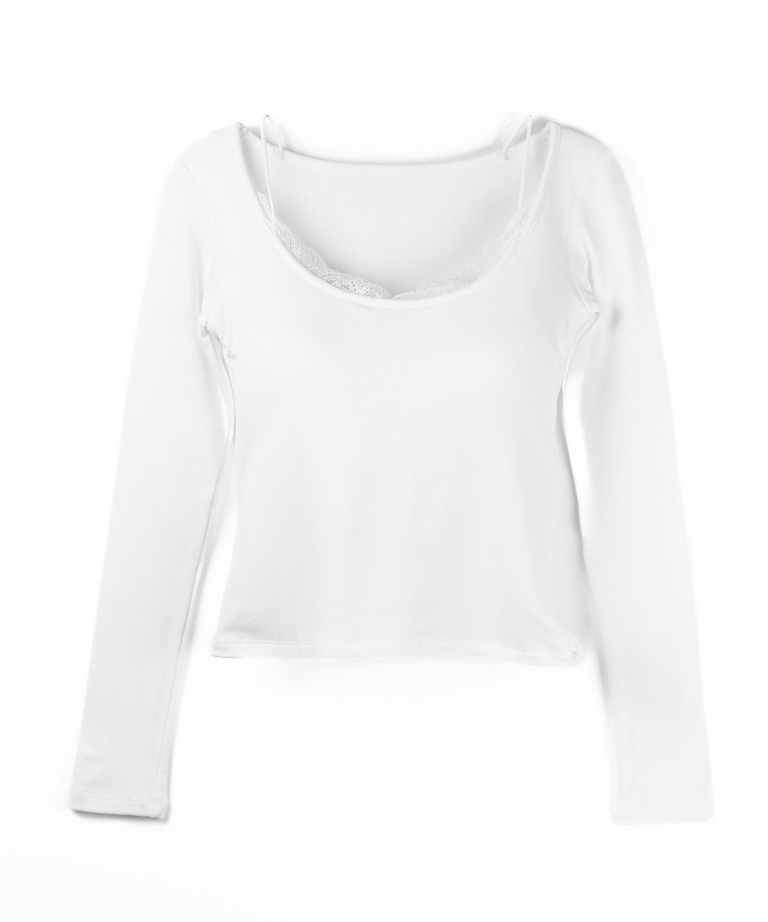 【 カップ付き 】裏起毛レースレイヤードぴちカットソートップス ／ urakimo square neck pichi cutsew tops