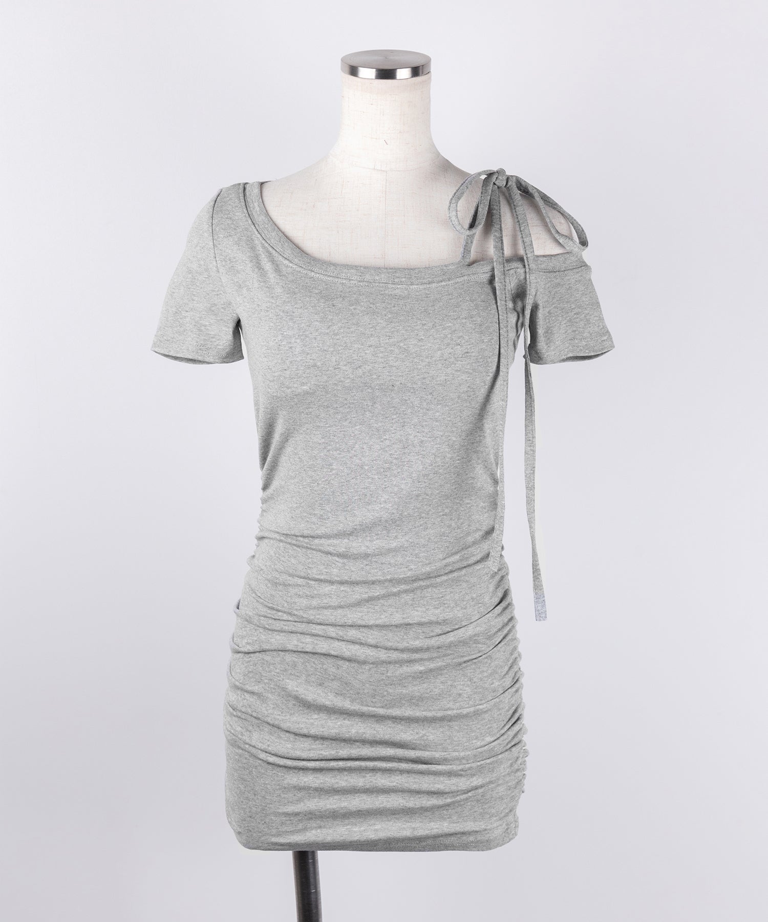 【 ２color ／ カップ付き 】ワンショルリボン半袖カットソーミニワンピ ／ one shoulder ribbon short sleeve cutsew mini onepiece