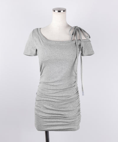 【 ２color ／ カップ付き 】ワンショルリボン半袖カットソーミニワンピ ／ one shoulder ribbon short sleeve cutsew mini onepiece