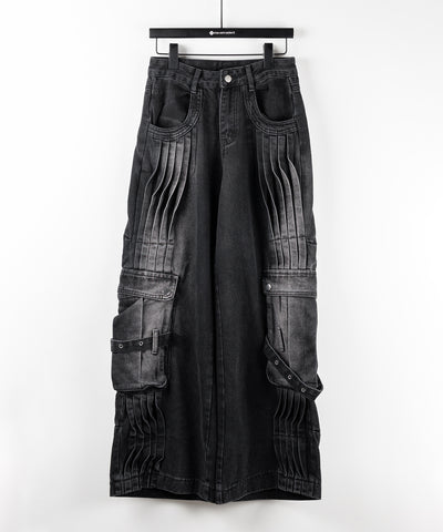 【 ４size 】カーゴプリーツブラックヴィンテージワイドデニム ／cargo pleated black vintage wide denim