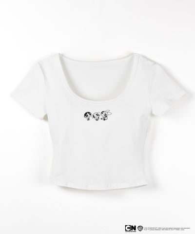 【THE POWERPUFF GIRLS】パワーパフガールズミニプリントスクエアネックショートＴシャツ /mini print square neck short T-shirt【 セットアップ着用可能 】