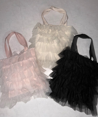 【 3color ／ A4収納可 】チュールフリルスクエアトートバッグ ／ tulle frill square tote bag