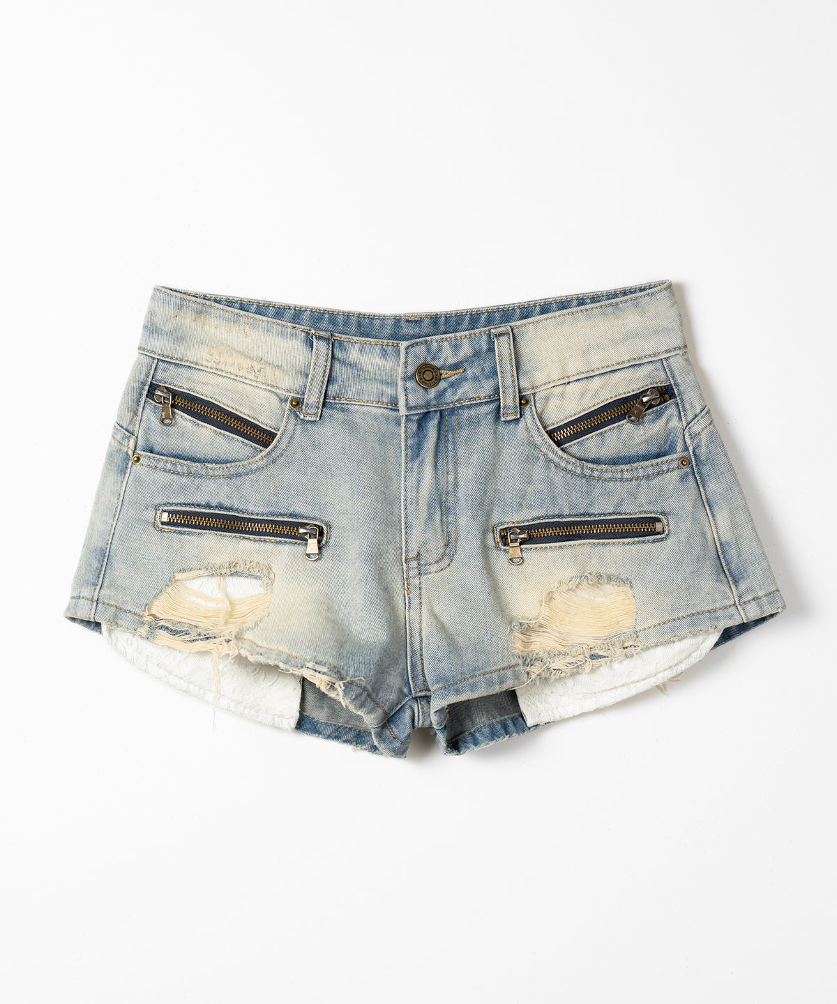 レースポケットダメージデニムマイクロショートパンツ／ lace pocket damage denim micro short pants